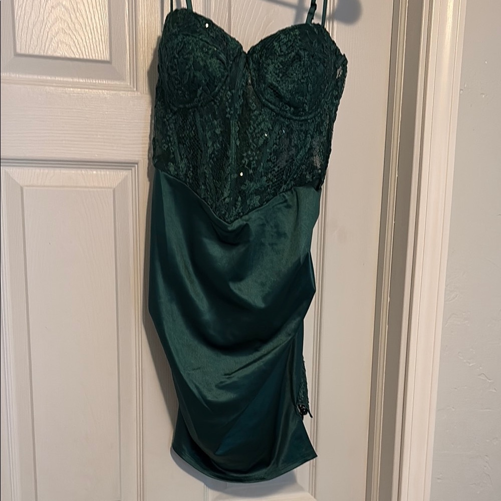 B Darlin Dark Green Lace and Satin Dress